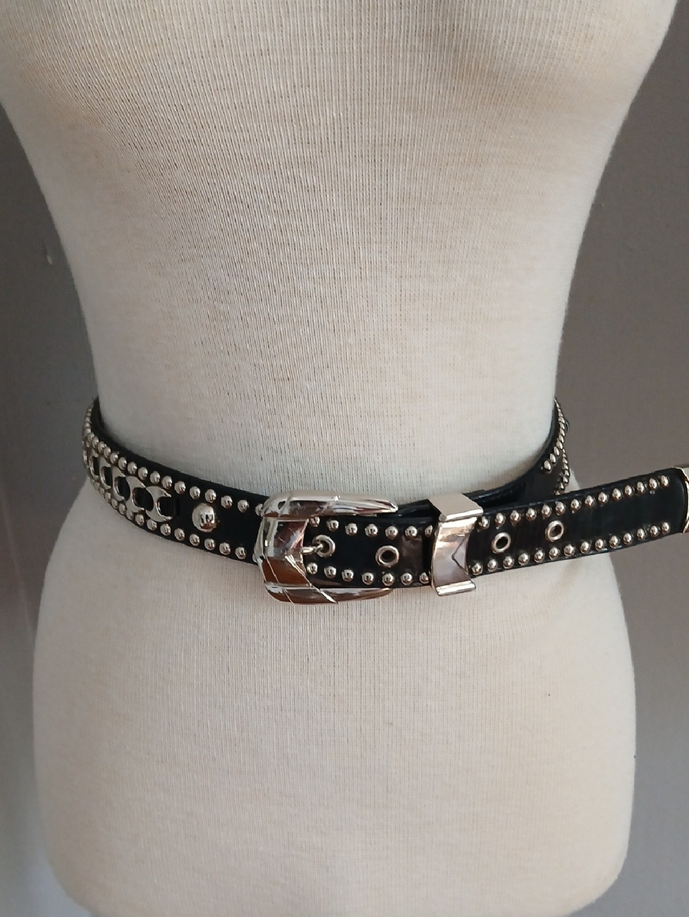 Black Studded Leather Waist Belt with Silver Buckle